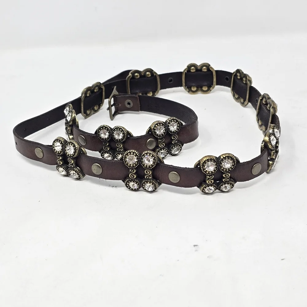Vtg women brown leather belt brass studs rhinestone accent punk goth whimsygoth.